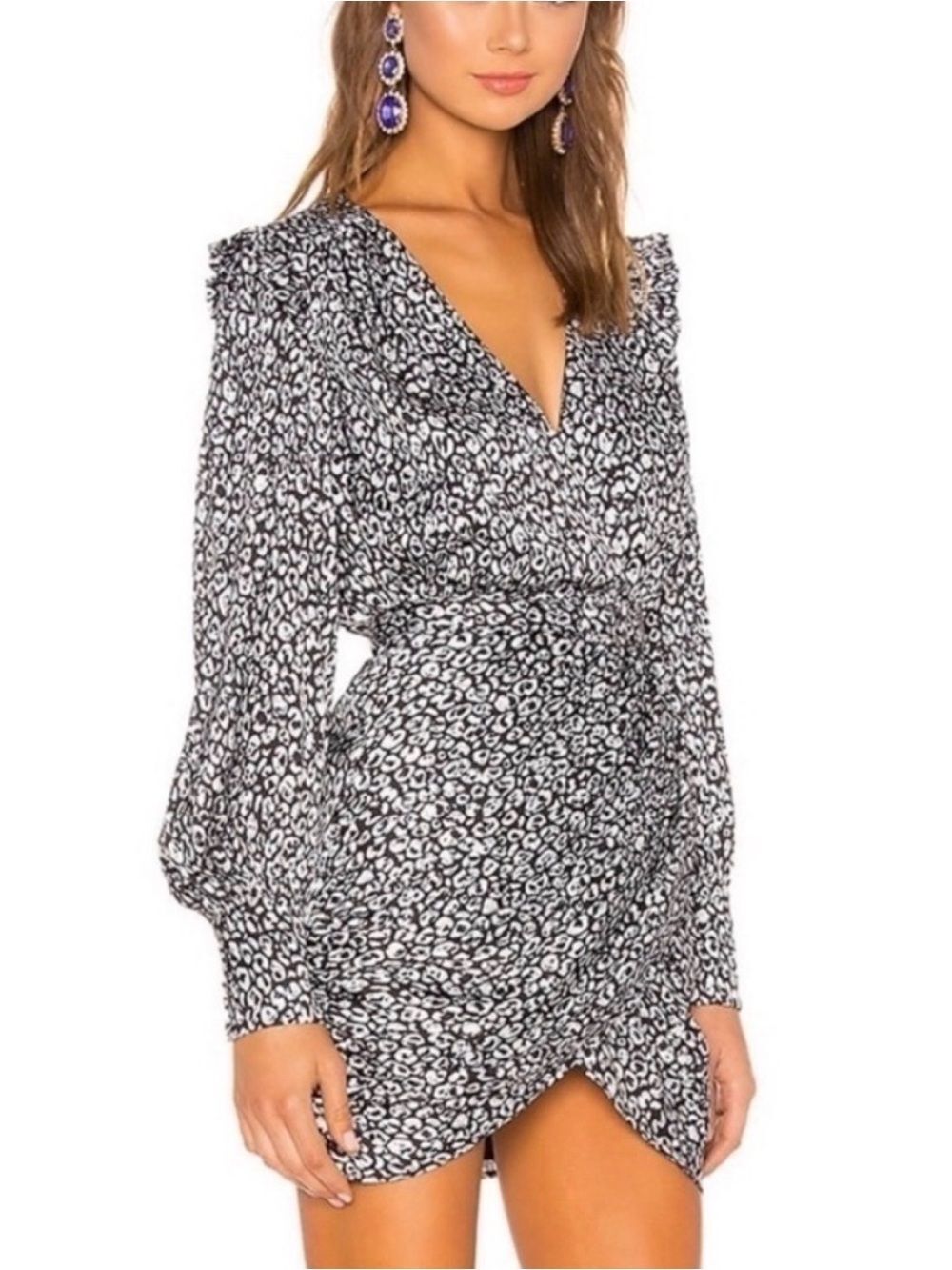 L'Academie Joyce Black White Leopard-Print Long Sleeve Mini Dress XS
